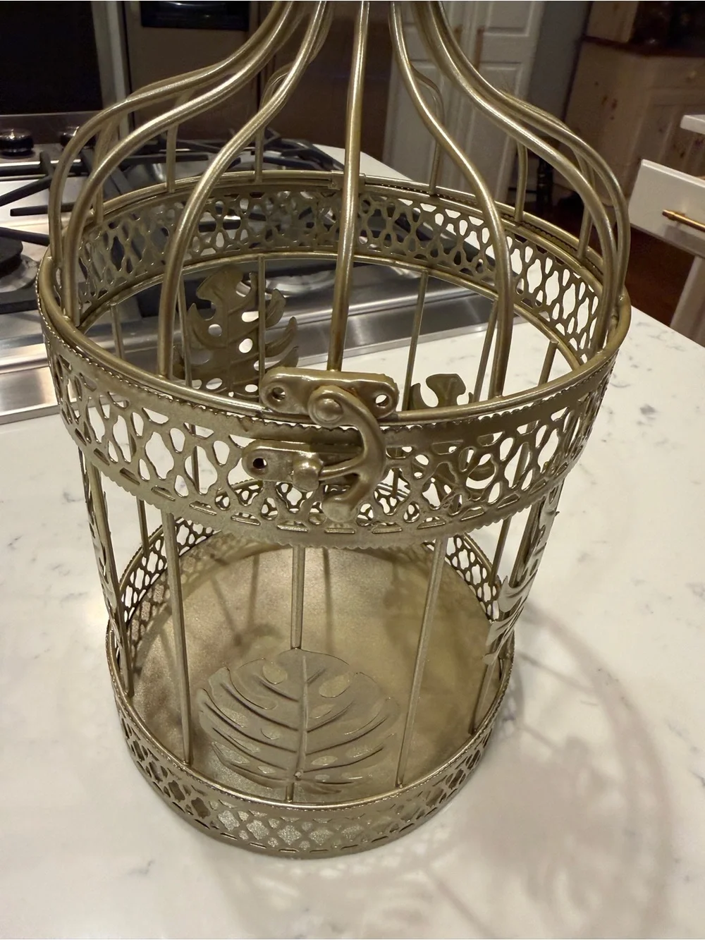 Gold Metal Birdcage Lantern Candle Holder Monstera Leaf Tropical Boho Decor